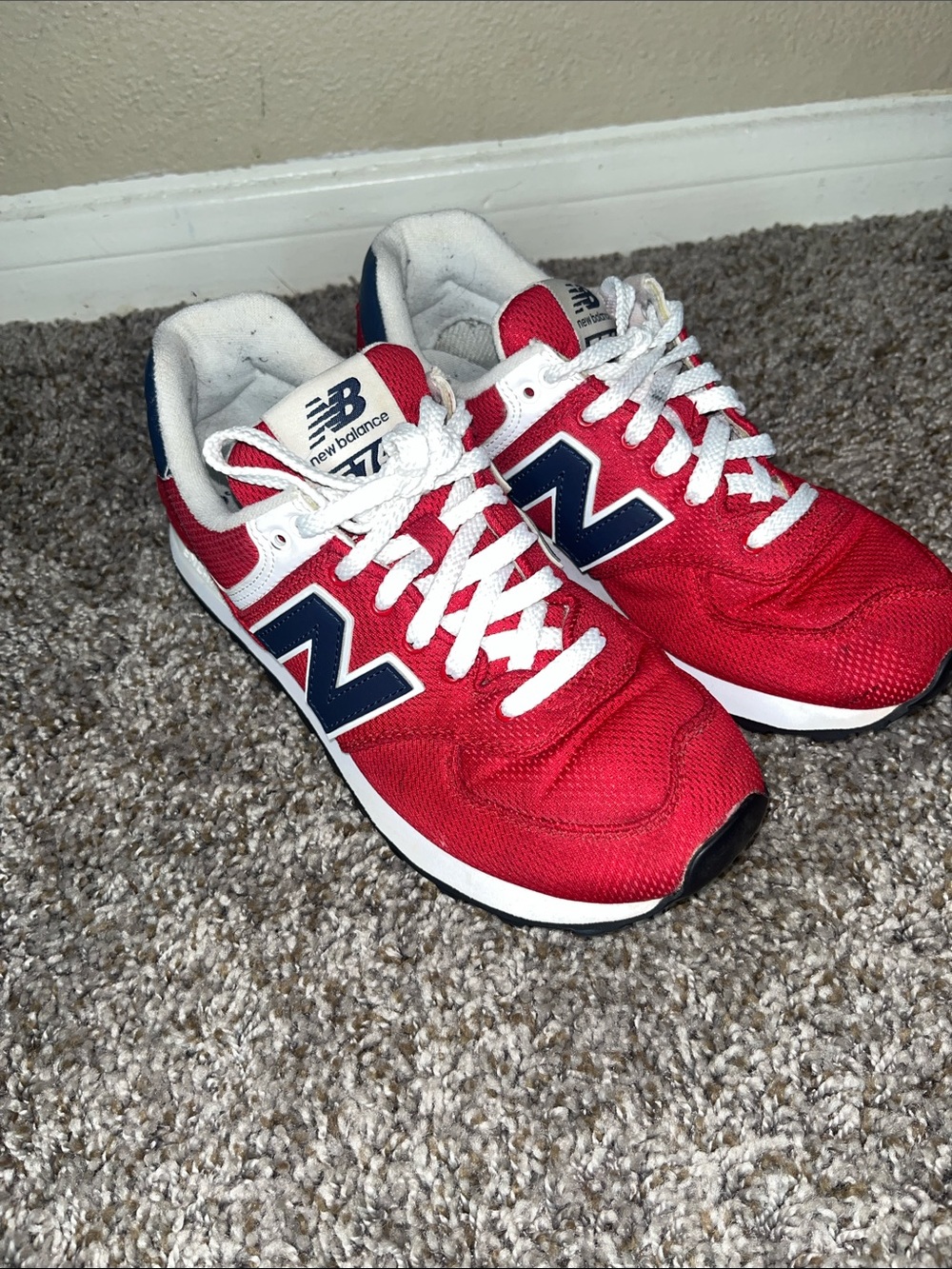 New Balance 574 Women’s Red and Navy Athletic Sneakers